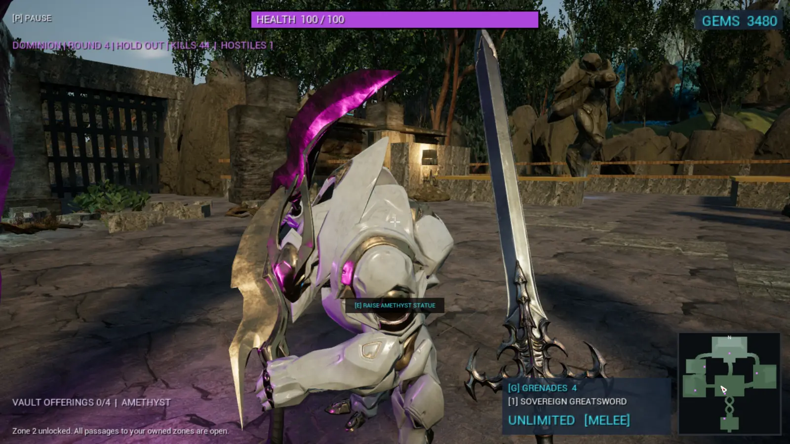 An armored enemy with a glowing purple blade confronts the player in Woodland Sanctuary
