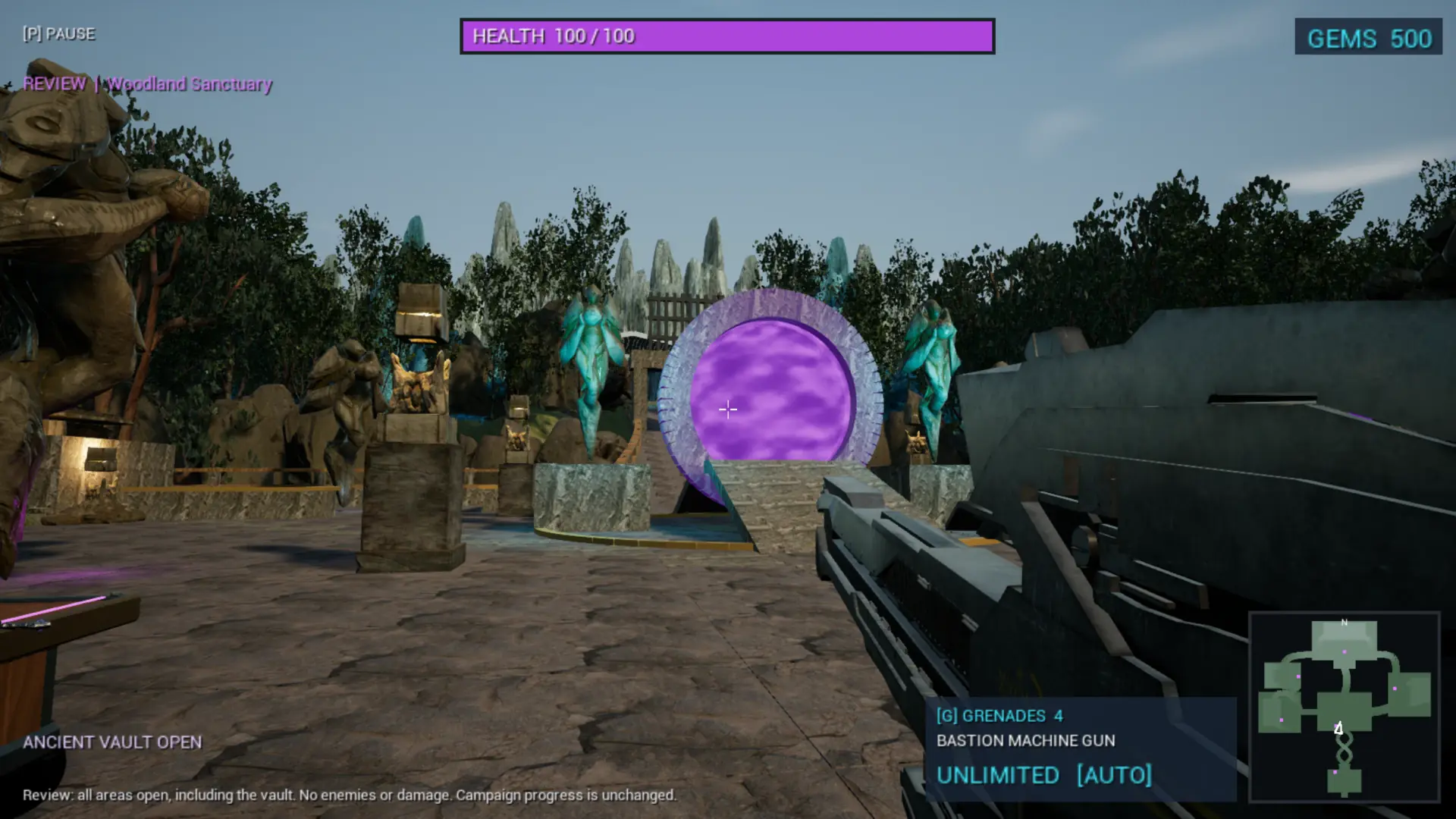 An amethyst portal between towering stone statues in Amethyst Dominion’s Woodland Sanctuary