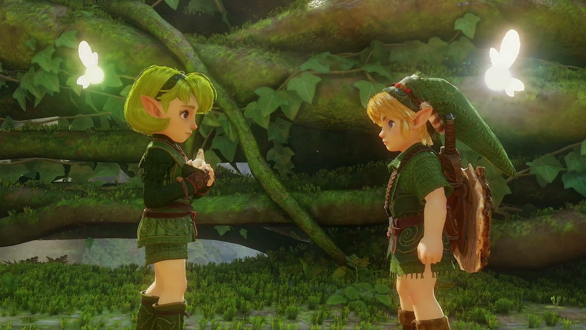 Young Link speaking with Mido, with their fairies nearby, in Nintendo’s Ocarina of Time remake trailer