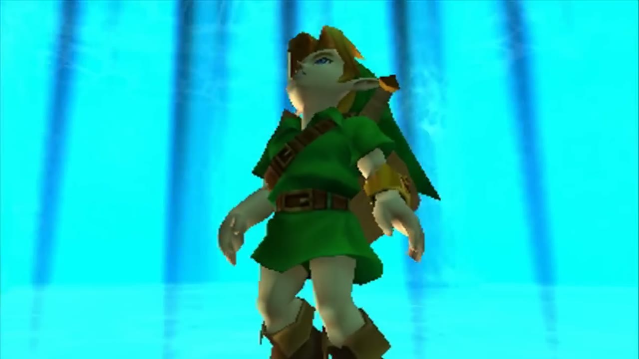 Young Link standing in blue light in The Legend of Zelda: Ocarina of Time 3D