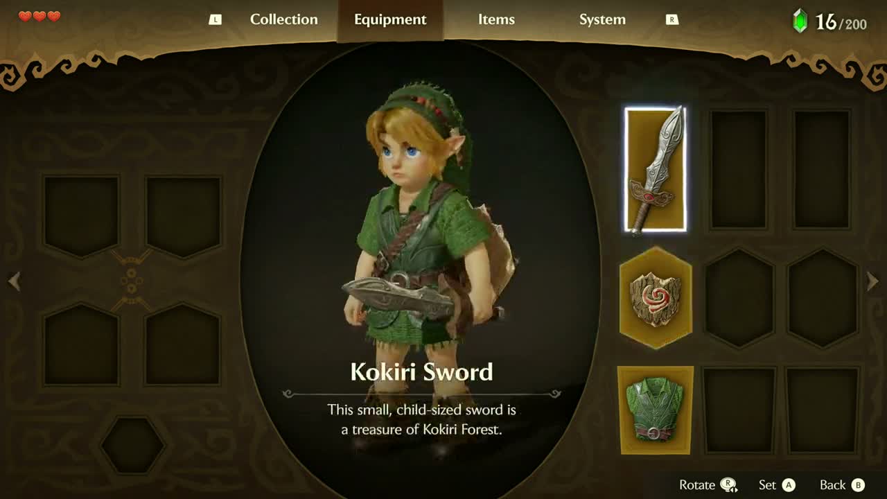 Young Link and the Kokiri Sword in the rebuilt equipment menu of Ocarina of Time for Nintendo Switch 2