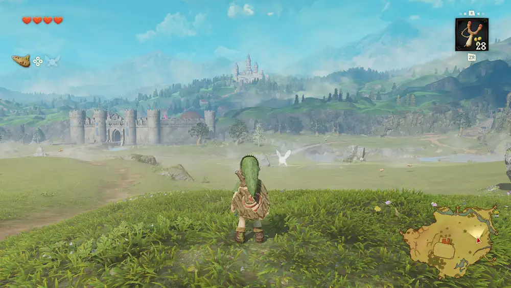 Young Link and Navi looking across Hyrule Field toward the castle in Nintendo’s Ocarina of Time remake