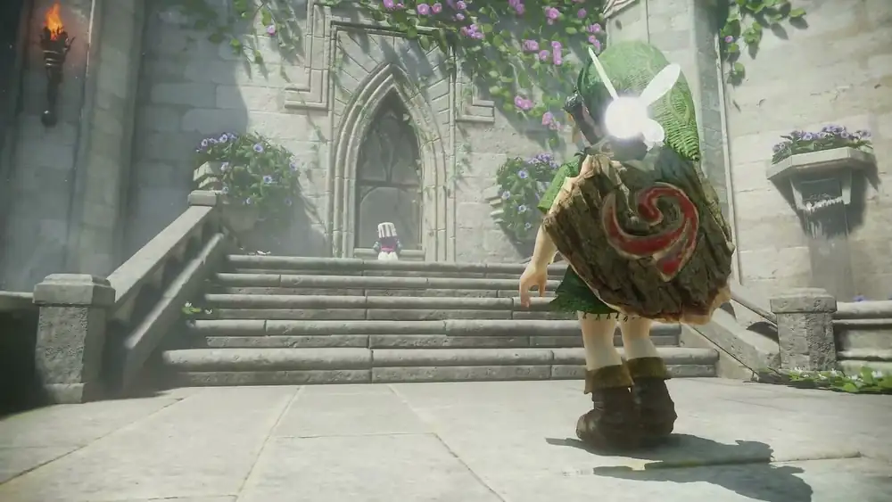 Link and Navi facing the steps of a stone building in Nintendo’s official Ocarina of Time remake footage