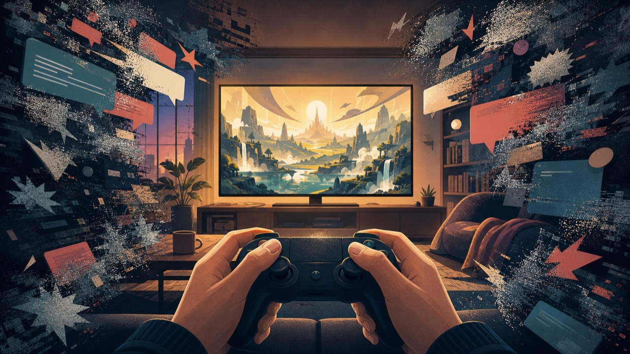 Original editorial illustration of a player focusing on a bright game world while noisy headline cards dissolve at the edges