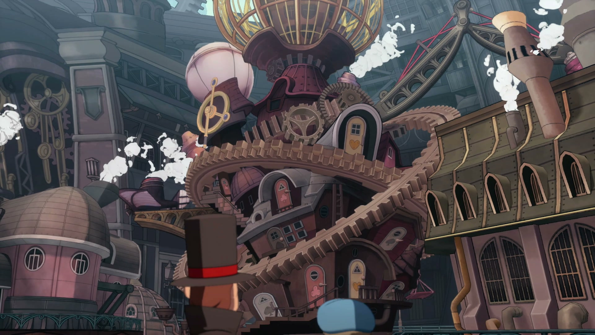 Layton and Luke in the steam-powered setting of Professor Layton and the New World of Steam