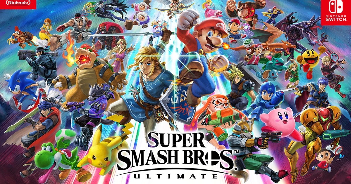Official Super Smash Bros. Ultimate artwork showing Mario, Link, Samus, Pikachu, Kirby, and other fighters