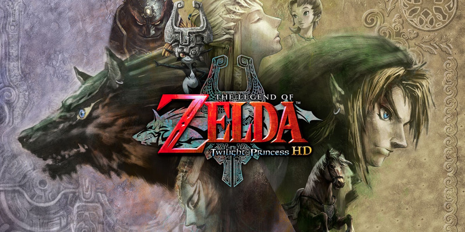 Official Twilight Princess HD promotional artwork featuring Link, Wolf Link, Midna, Zelda, Ganondorf, and Epona