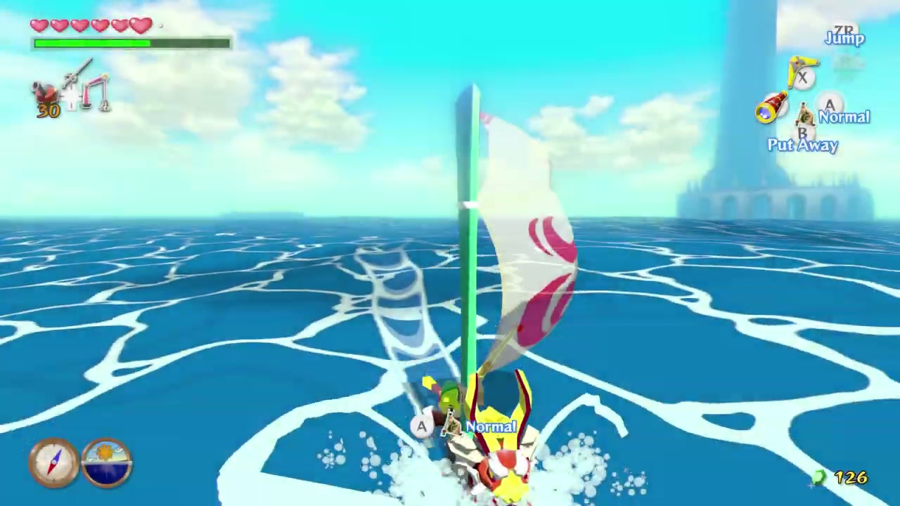 Link sailing the King of Red Lions across the Great Sea in The Legend of Zelda: The Wind Waker HD